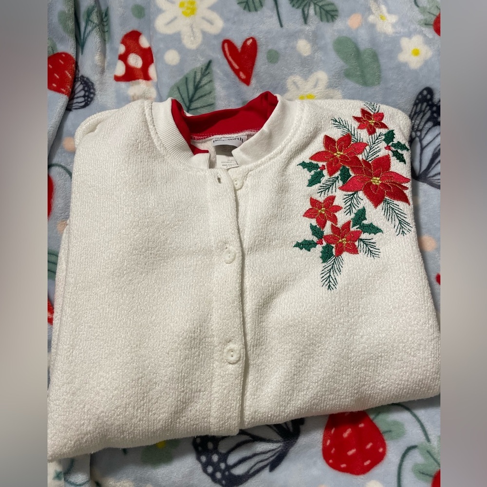 Vintage Grandma Red Poinsettia Embroidered Cardigan Sweater